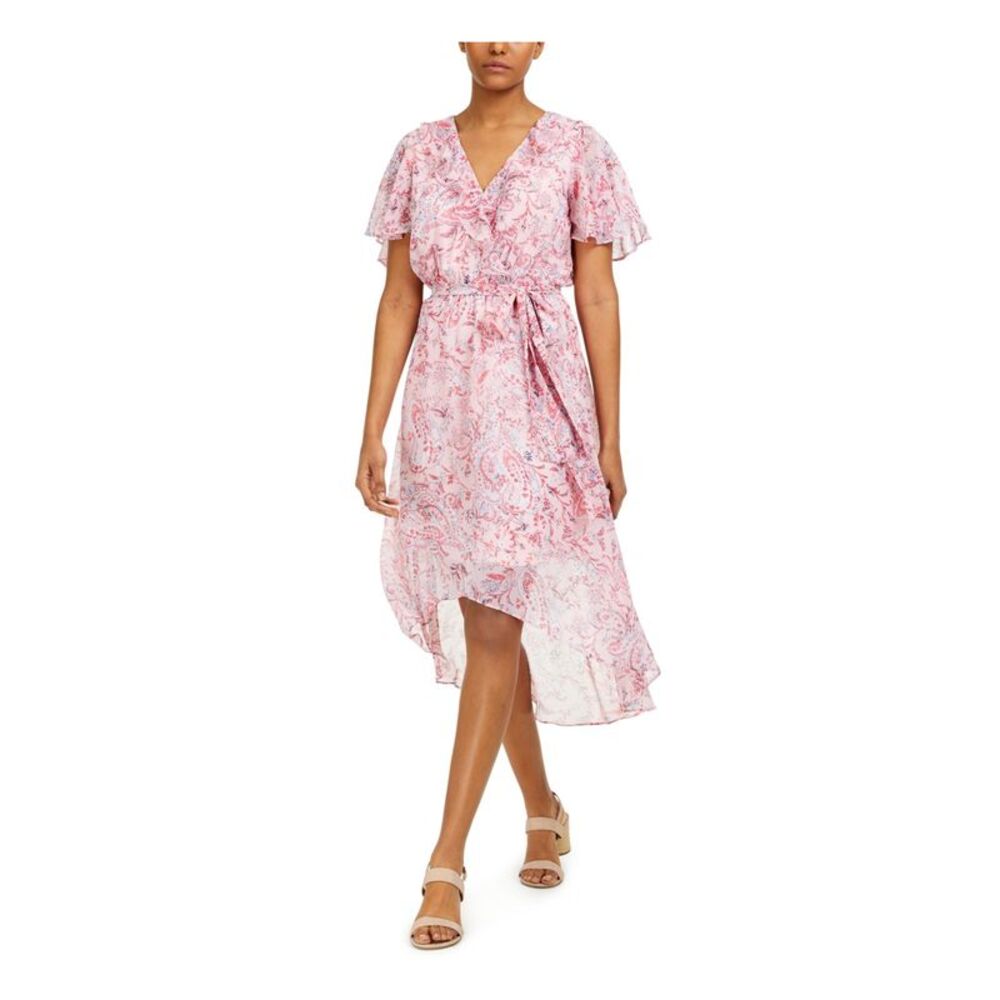 BAR III Womens Pink Short Sleeve Below The Knee Fit + Flare Evening Dress XS